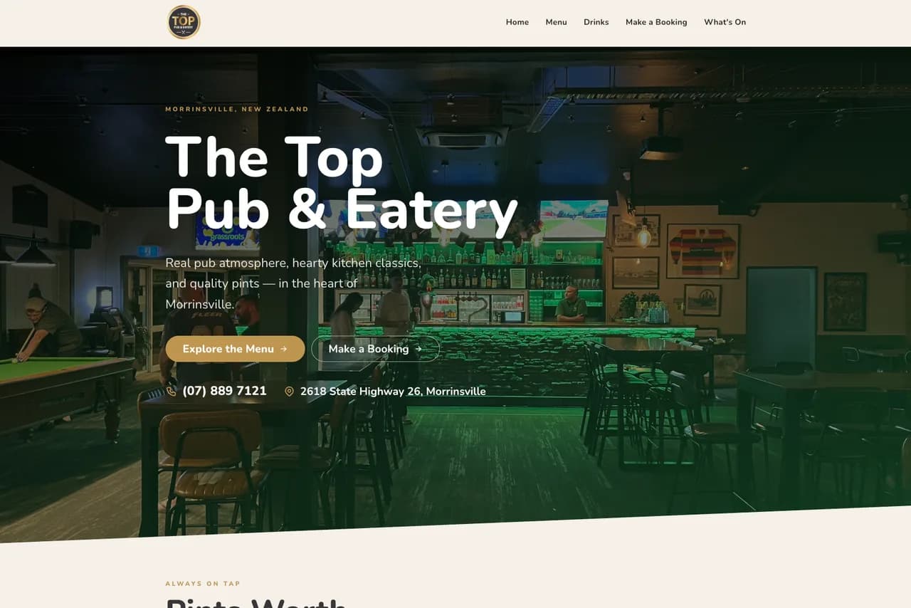 The Top Pub & Eatery homepage showing venue imagery, food and drink sections, and booking-focused calls to action